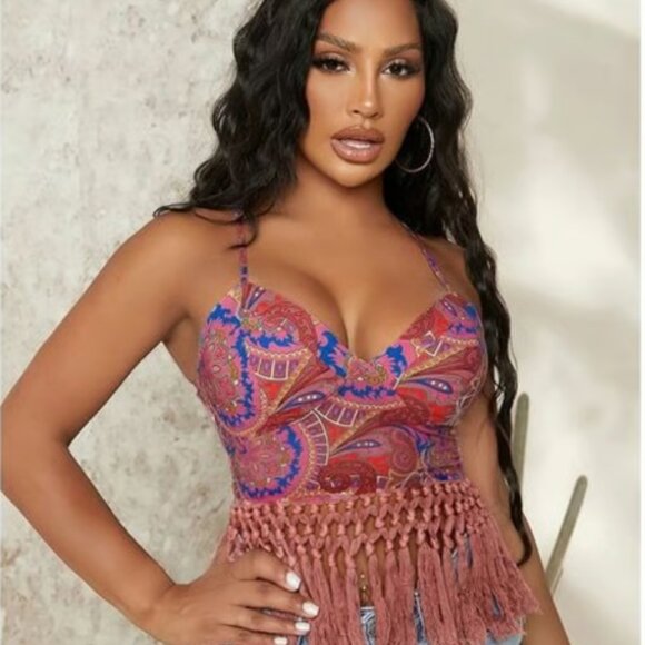 Shein Bohemian Paisley Floral Print Zipper Back Fringe Hem Cami Top L - Picture 2 of 5